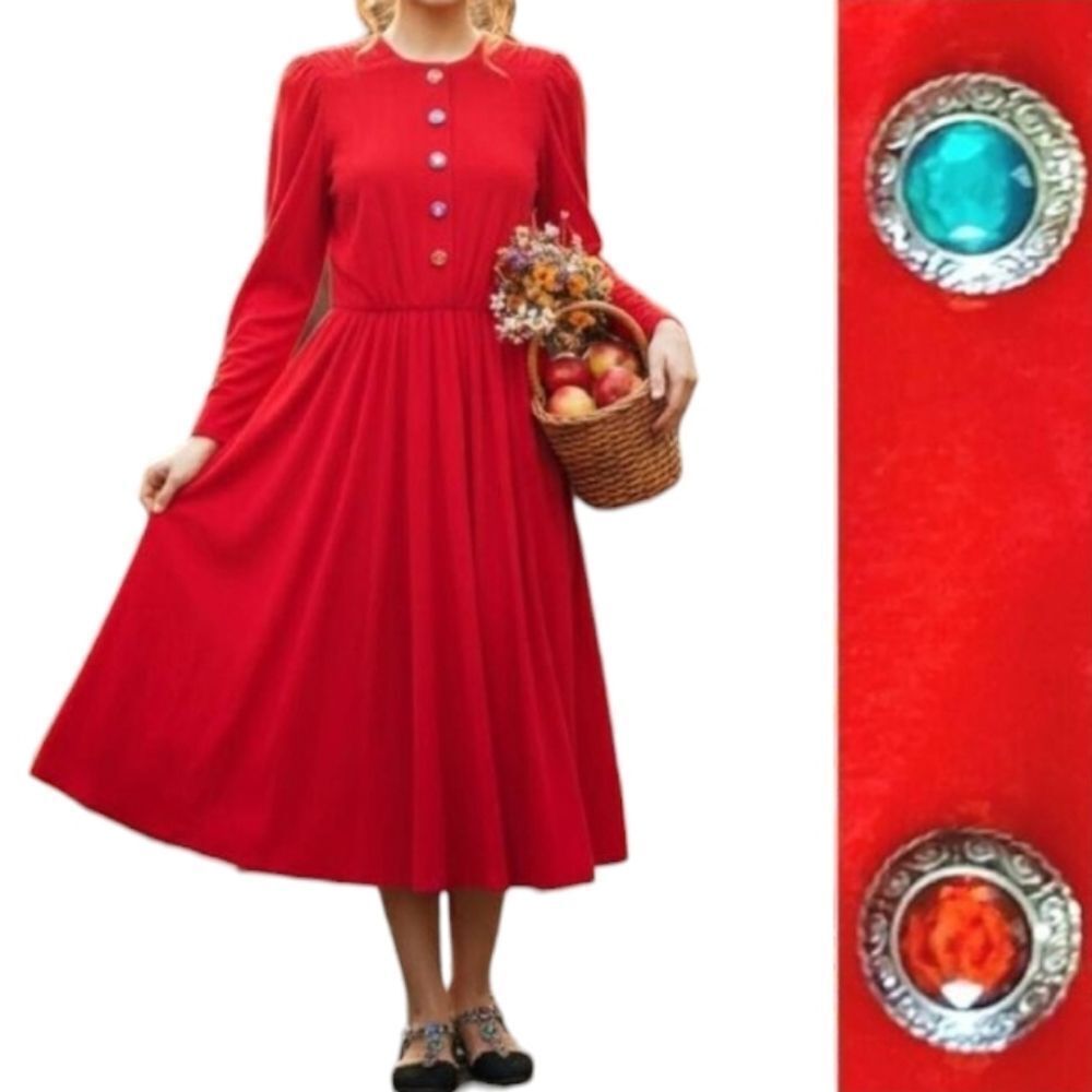 VTG 80s Red Colorful Jeweled Button Top Midi Party Dress 9/ 10 *Fits Med